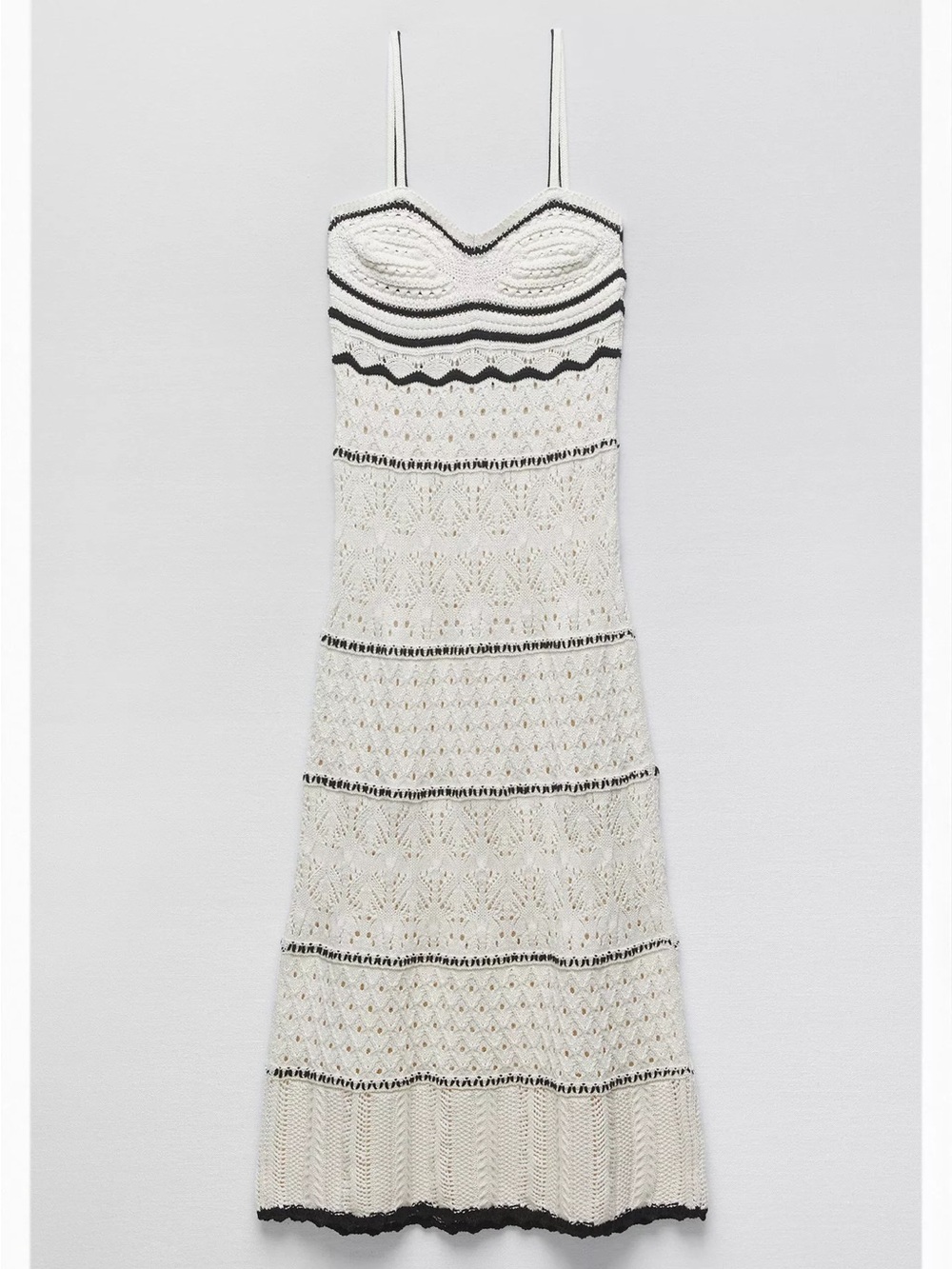 Zara White Crochet Midi Dress with Black Trim